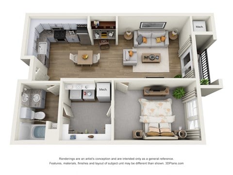 Floor plan for 1 bed, 1 bath, 724 sqft
